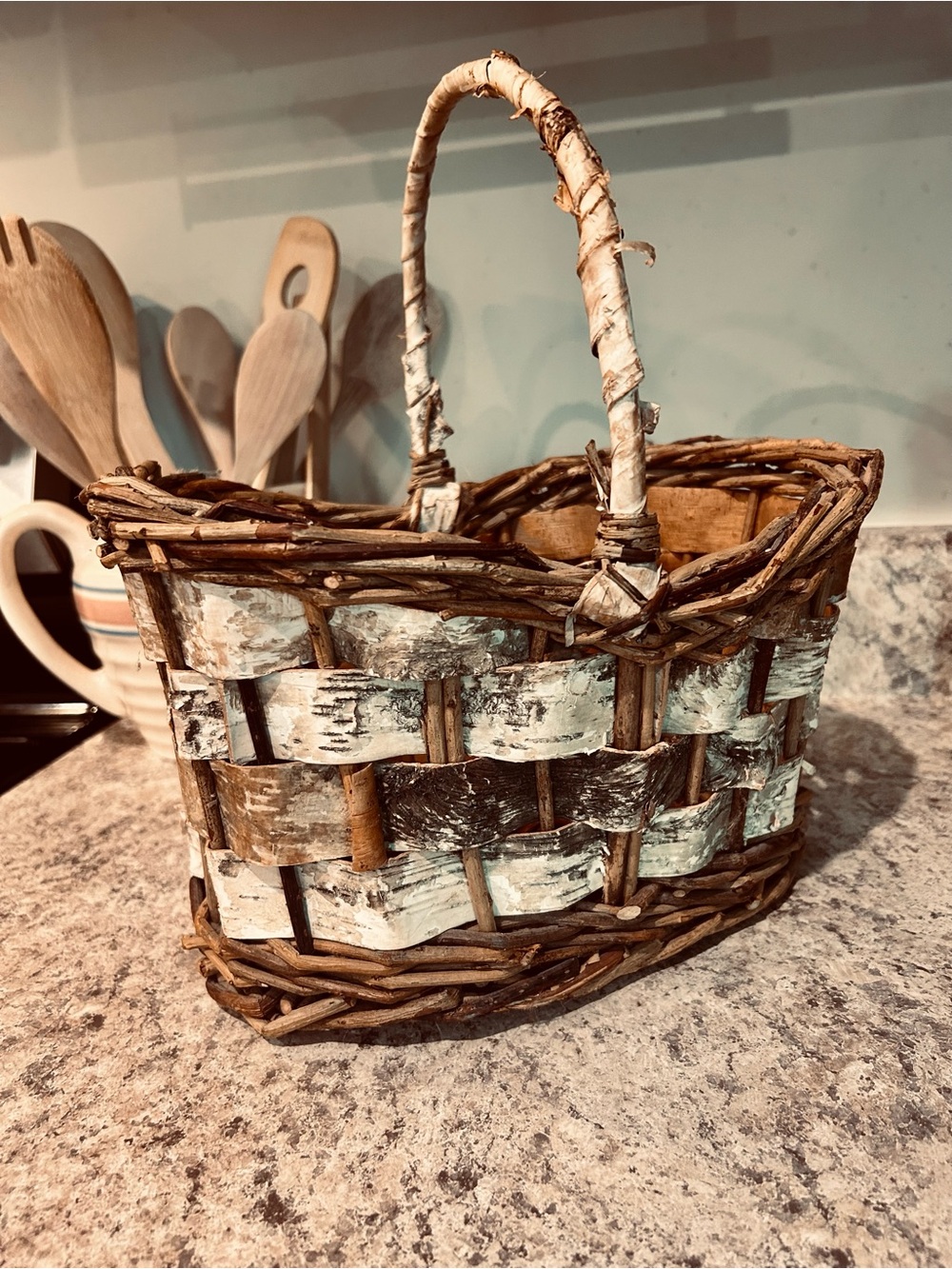 Woven Birch Basket in Natural Brown and White